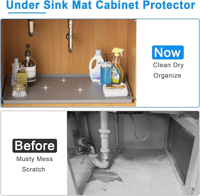 Under Sink Mat - Waterproof Kitchen Cabinet Tray - 28" x 22" Flexible Silicone Under Sink Liner with Drain Hole - Kitchen Bathroom Cabinet Mat and Protector for Drips Leaks Spills （Gray）