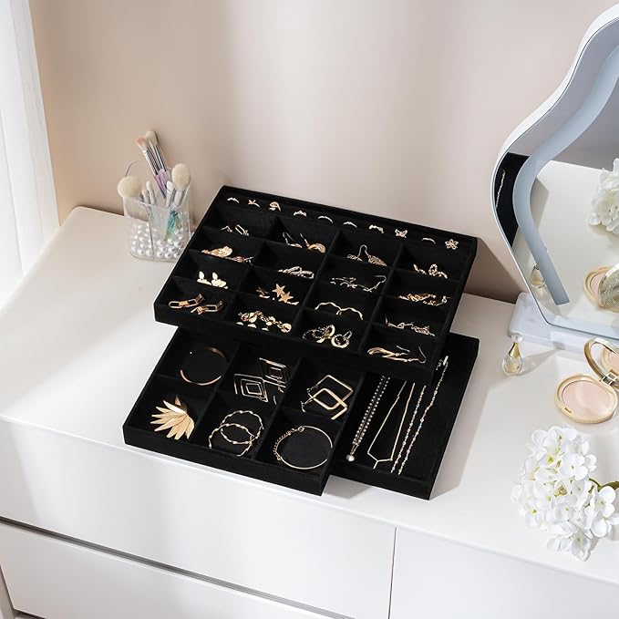 ProCase Stackable Large Jewelry Drawer Organizer, 3 Pack Velvet Jewelry Organizer Tray with Removable Dividers for Earring Necklace Bracelet -Allblack
