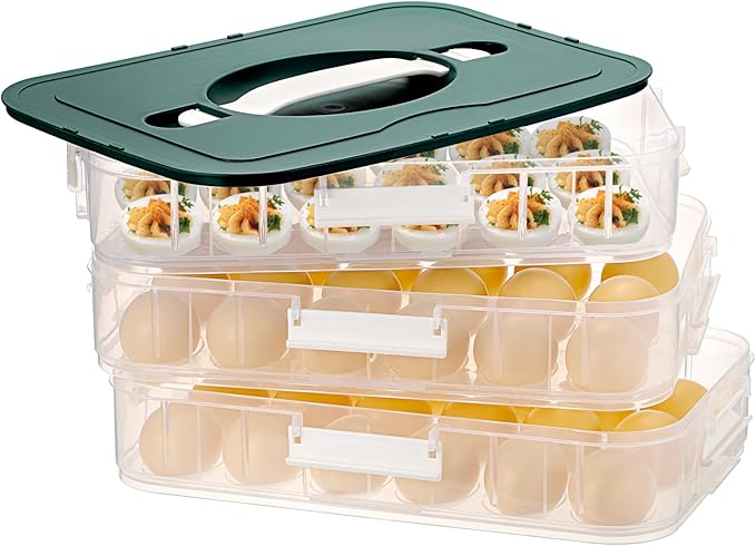 BTSKY Deviled Egg Platter with Lid, 3-Layer 54 Slots Deviled Eggs Carrier, Clear Portable Egg Holder for Fridge Reusable Deviled Eggs Tray Carton Box for Easter and Party Favor (3-Layer, Green)