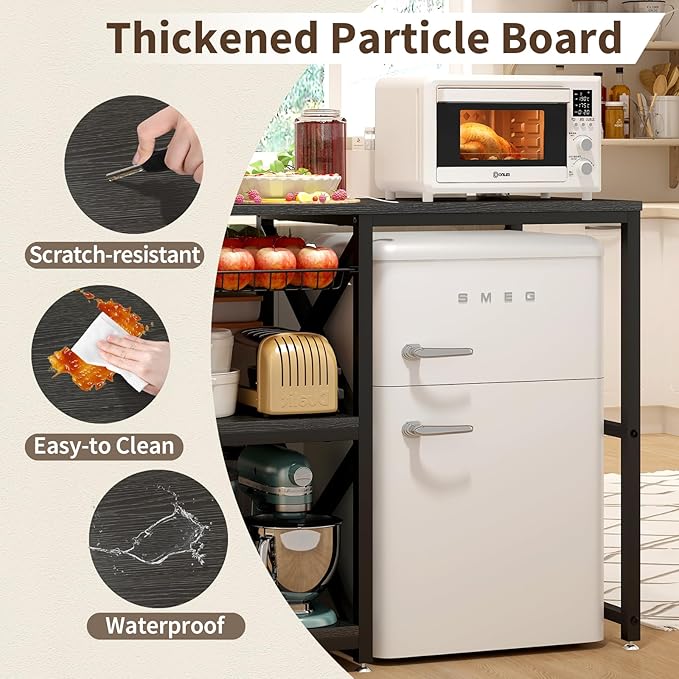 Kitchen Bakers Rack with Power Outlet,Mini Fridge Cabinet with Mesh Basket, Mini Fridge and Microwave Table with Storage for Office,Kitchen,Living Room,Coffee Bar,Patio, Black