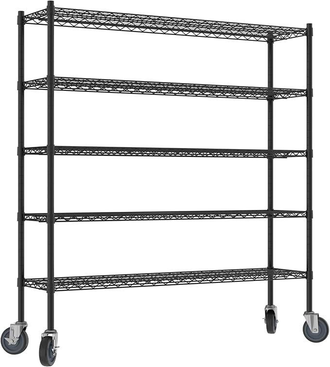 Commercial NSF Listed Black Epoxy Mobile Wire Shelving Kit 14" x 54" x 60", with 5 Shelves Perfect for Warehouse, Walk-in Refrigerator, Freezer, Grocery Store, Restaurant, Dishroom