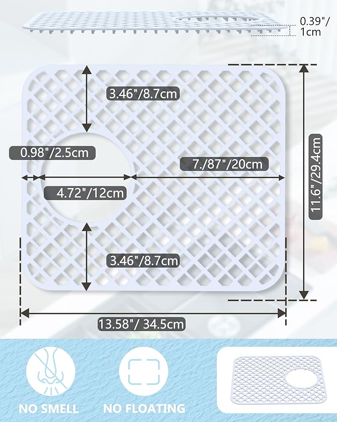 BEHOK 2 Pack Silicone Sink Protectors for Kitchen Sink, Lozenge Pattern 13 x 11 Inches Sink Mat, Non-Slip and Durable Sink Protector Silicone, Rear Drain, White
