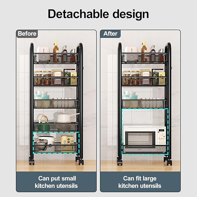 Fruit Basket for Kitchen, Fruit Vegetable Storage Basket, Standing Baskets for Kitchens Floor, 5-Tier Stackable Fruit Vegetable Storage Basket Stand on Wheel for Kitchen, Pantry Black 4