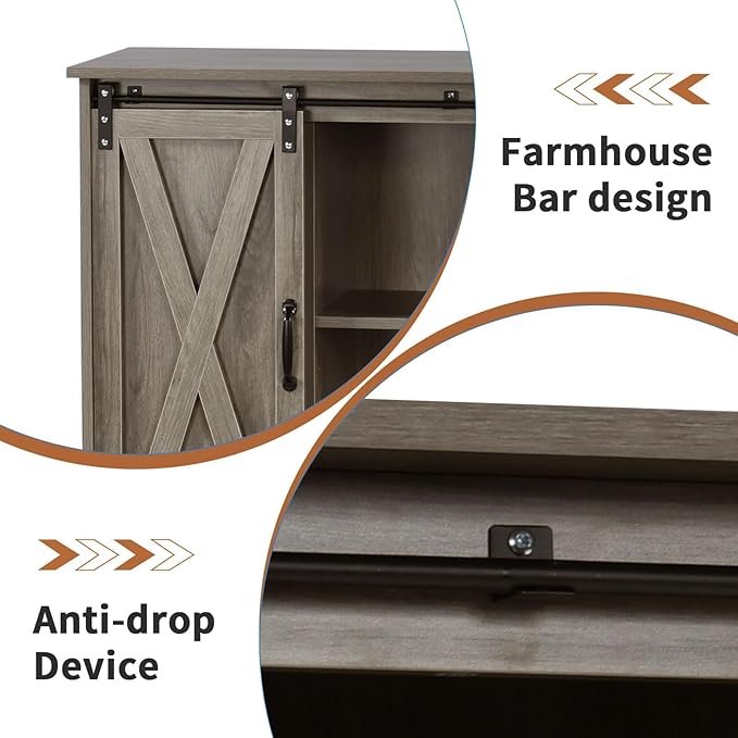 4 EVER WINNER Farmhouse Coffee Bar Cabinet with Sliding Barn Door, 42” Coffee Bar Table with Adjustable Shelves, Buffet Cabinet with Storage for Kitchen Living Dining Room, Wash Grey