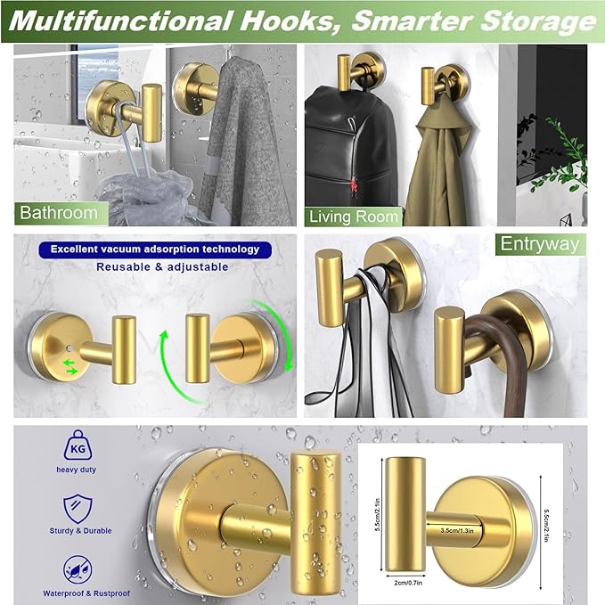 VINHOLD Suction Cup Hooks for Shower, Stainless Steel Shower Hooks for Hanging Towels, Robes, Bath Balls, Towel Hooks for Bathroom Wall, Glass Door, Kitchen, Mirror, Tile (2 Pack，Gold)