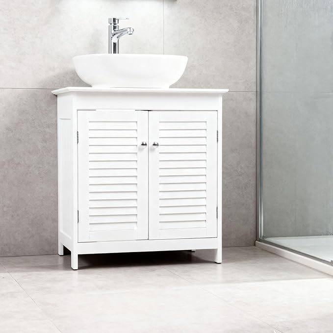 Sink Storage Cabinet with 2 Doors and Adjustable Shelf – Freestanding Under Sink Organizer for Bathroom Towels and Toiletries Compatible with Pedestal Sinks