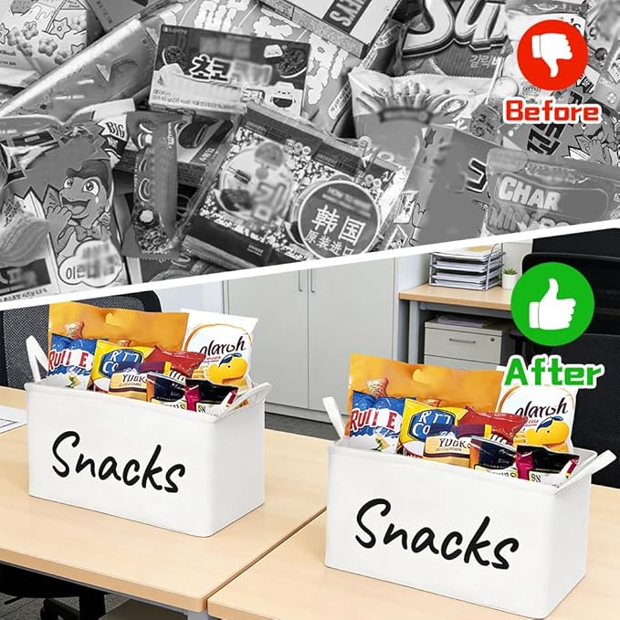 Snack Organizer Basket for Home Office: Snack Bin for Pantry (2 White Baskets)