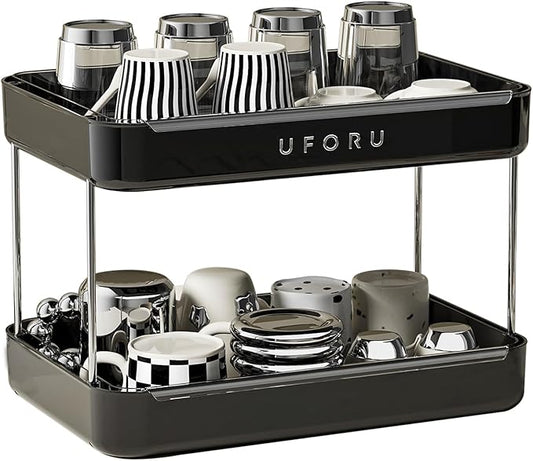 Countertop Coffee Station Organizer, 2 Tier Wine Glass Holder, Mug Display Shelf with Removable Drain Tray, Spice & condiment Rack for Kitchen, Bathroom Countertop Organizer, Black