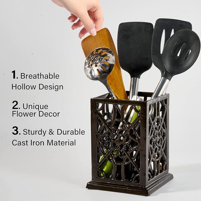 jogreful Utensil Holder, Cast Iron Kitchen Utensil Crock for Countertop, Extra Large Utensil Organizer with Weighted-Base, Housewarming Vintage Decor, Flower Pattern, Coffee Gold