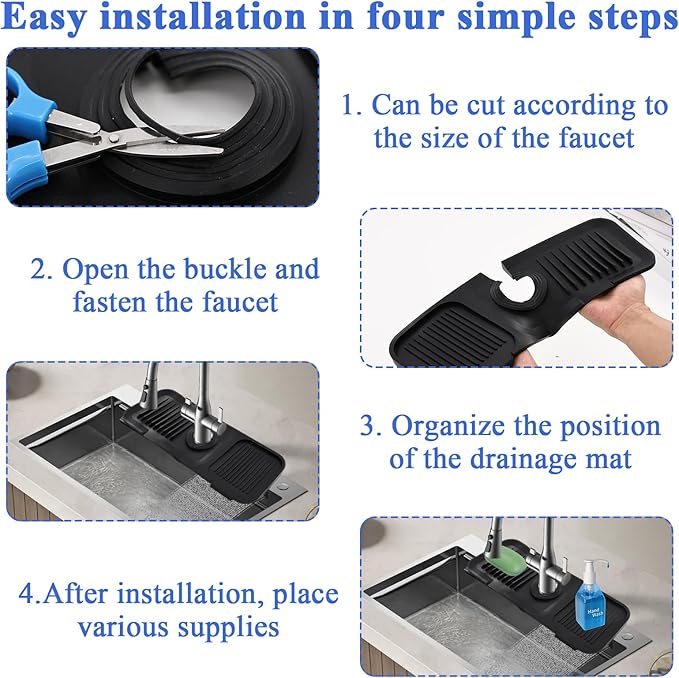 14.6 in Silicone Faucet Splash, Kitchen Sink Splash Guard, Faucet Splash Guard, Silicone Faucets Mat for Kitchen Bathroom (Black 14.6 * 5.5 * 0.7in)