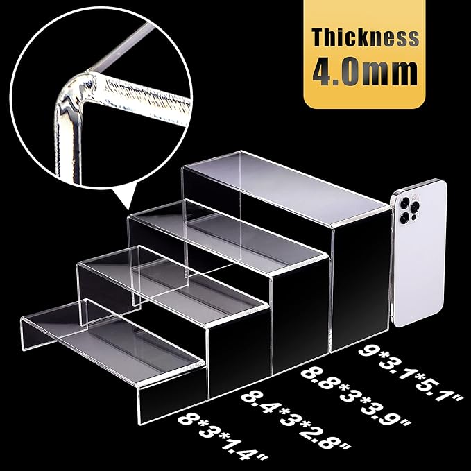 Anglelife 2 Set Large Acrylic Risers, 8 Pcs Rectangular Clear Acrylic Display Stand, Display Risers Shelf for Retail Desktop Shoe Showcase Jewelry Funko Pop Figures