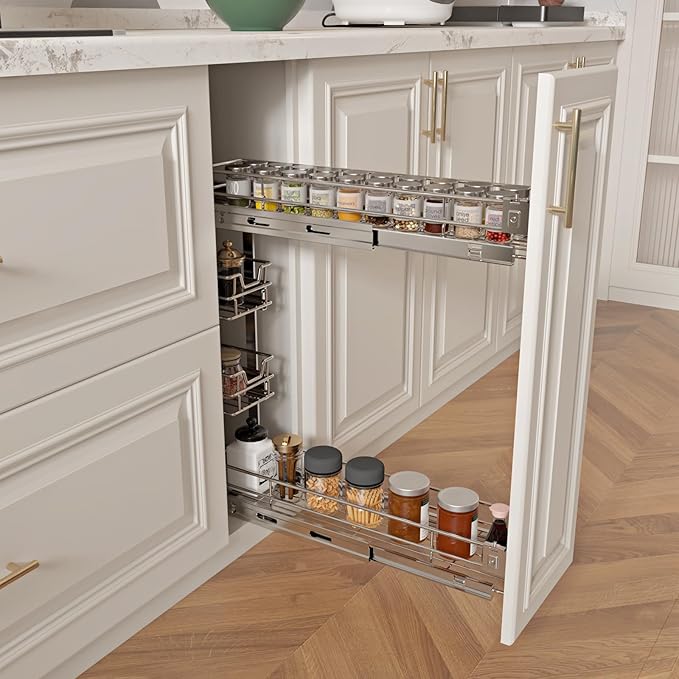 4-Tier 8" W x 21" D Narrow Pull Out Cabinet Organizer, Roll out Spice Rack Holder Shelve, Slide Out Slim Storage Wire Baskets for Storage Organization