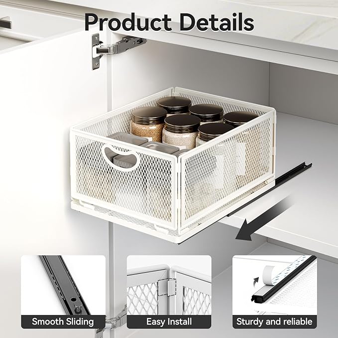 Pull Out Cabinet Organizer,Metal Carbon Steel and Silent sliding Design,Heavy Duty Cabinet Slide Out Shelves for Storing and Organizing Bathrooms, Kitchens, Bedroom 11.8" D*9.6" W*6.1" H