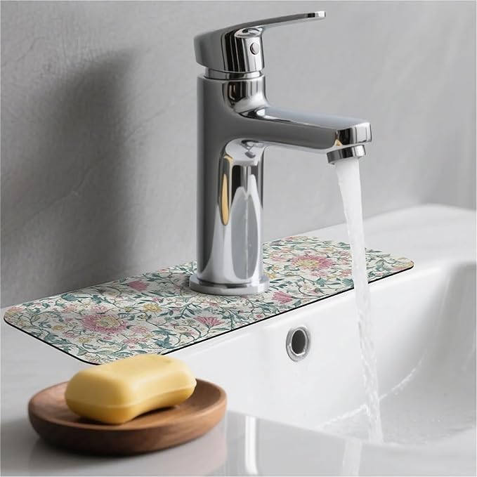 Kitchen Sink Splash Guard，Pastel floral Faucet Mat Sink Gadgets-Super Absorbent Fast Drying Mat Drip Catcher for Kitchen, Bathroom,Sink Mat, Dish Drying Mat, Bathroom(15" X 5.5" )