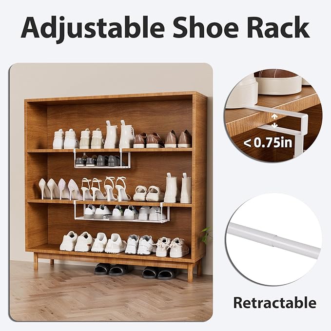 Expandable Shoe Rack Organizer, Hanging Shoe Organizer for Closet & Adjustable Under Cabinet Shelf,Shoe Storage Rack Retractable for Kitchen and Clothing Storage(White, 1 Pack)