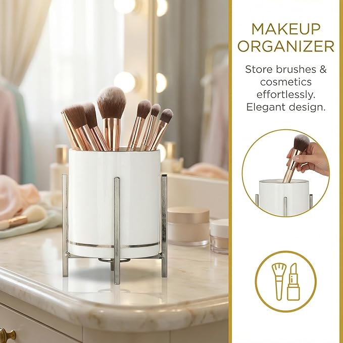 Small Utensil Holder for Kitchen Countertop, Flatware Organizer for Dining Table, SAMAZAMA Ceramic Utensil Caddy Crock with Gold Trim, Kitchen Decor, Set of 2