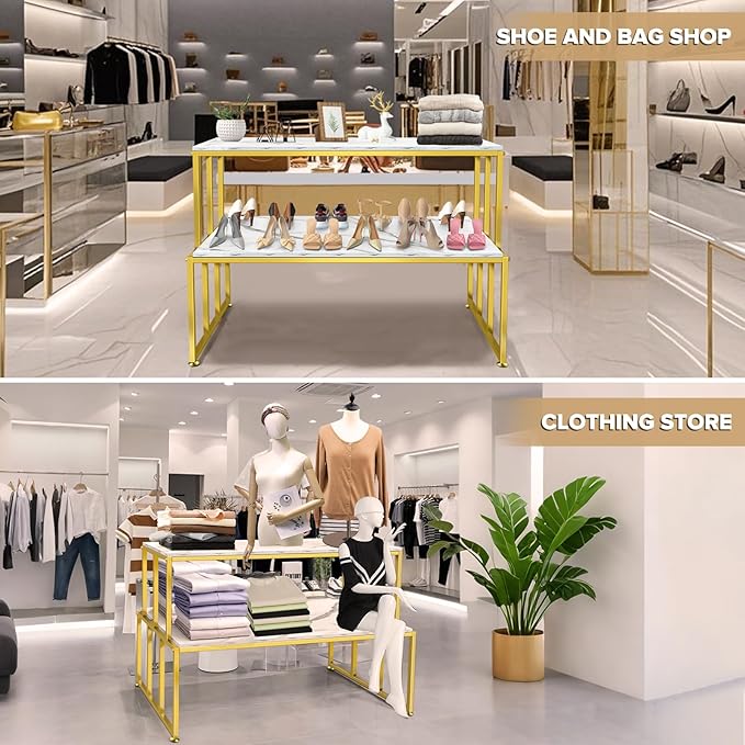 Metal Shoe Handbag Display Stand, 2 Tier Heavy Duty Display Table, Modern Standing Display Riser Shelf for Retail Stores, Iron and Wood, Gold