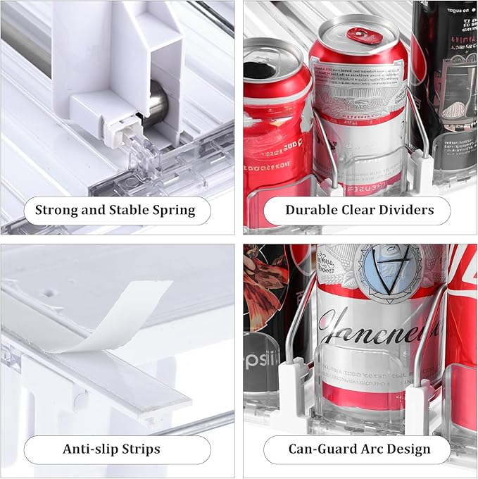 Drink Organizer for Fridge, Soda Can Organizer Dispenser for Refrigerator with Automatic Pusher Glided, Width Adjustable Clear Dividers Can Holder for 6-20oz Beverage, 15''D x15.4''W, 5 Rows