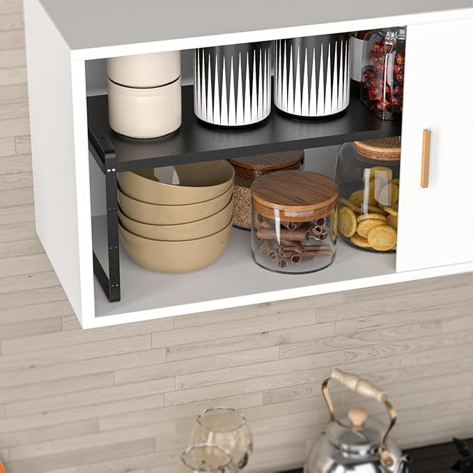 SANNO Expandable Kitchen Shelf Organizers, Stackable Cabinet Shelf Organizer Storage Rack, Countertop Organizer Kitchen Pantry Cupboard Pantry,Black, 10" W, 1 pack