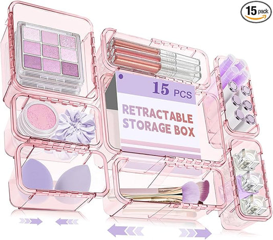 15 Pcs Adjustable Clear Drawer Organizer, All Extendable Vanity Storage Bins, Desk Drawer Organizer Set for Makeup, Cosmetics, Bedroom, and Gadgets, Pink