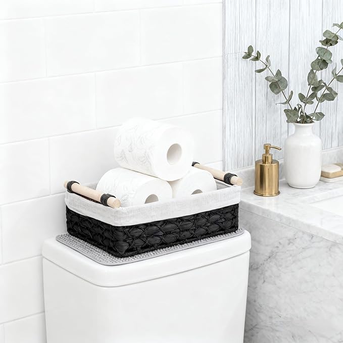 Set of 2 Black Paper Rope Storage Baskets with Wood Handles and Liner – Handwoven Decorative Organizer Bins for Bathroom Vanity, Countertop, Shelf & Small Home Storage