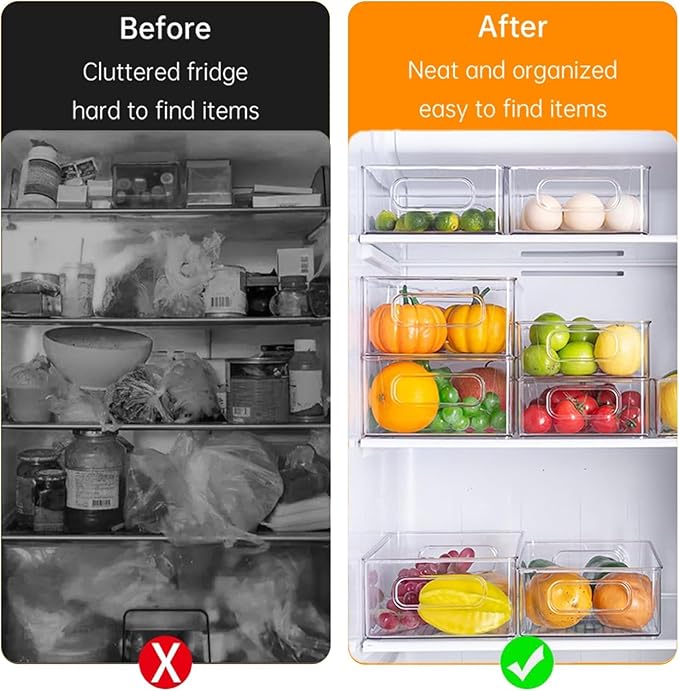 ZHOHO TANT 7 Pack Refrigerator Organizer Bins, 4 Sizes Stackable Clear Pantry Storage Bins with Handles for Fridge, Freezer, Shelves, Drawer, Bins, Snack Organizer for Home & Kitchen
