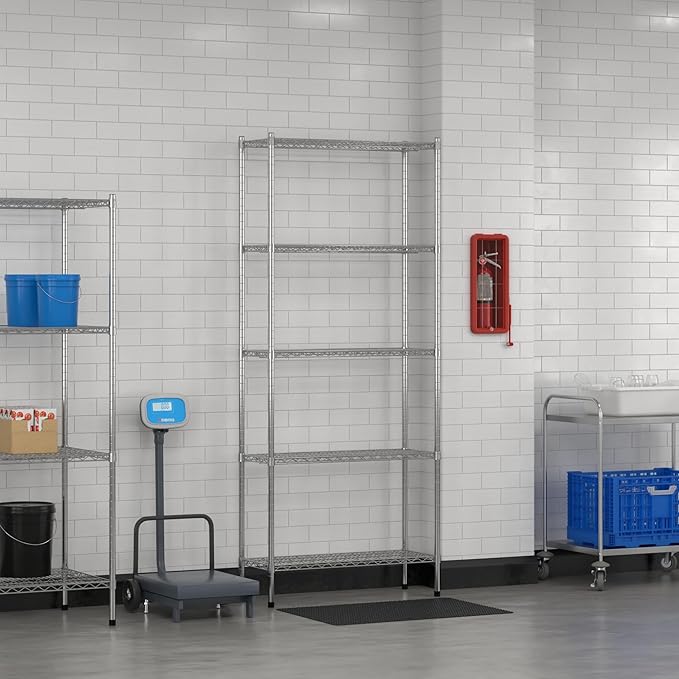 Commercial NSF Listed Chrome Stationary Wire Shelving Kit 14" x 36" x 86", with 5 Shelves Perfect for Warehouse, Walk-in Refrigerator, Freezer, Grocery Store, Restaurant, Dishroom