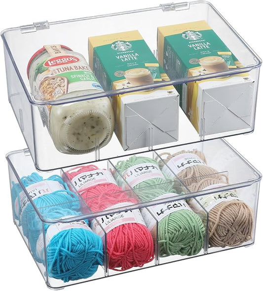 Clear Fridge Organizer Bins With Removable Dividers - Ideal for Snacks and Pantry Storage Snack Bins For Pantry Organization Refrigerator Bins Organizers Clear Kitchen Storage Accessories (2 Pack)