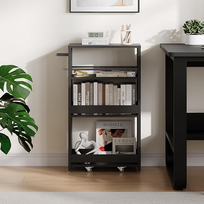 ChooChoo 4-Tier Slim Storage Cart, 7.87 inches Wide Narrow Storage Cabinet with 360° Wheels and 2 Hooks, Space-Saving Organizer for Kitchen, Narrow Places, Laundry Room, Black