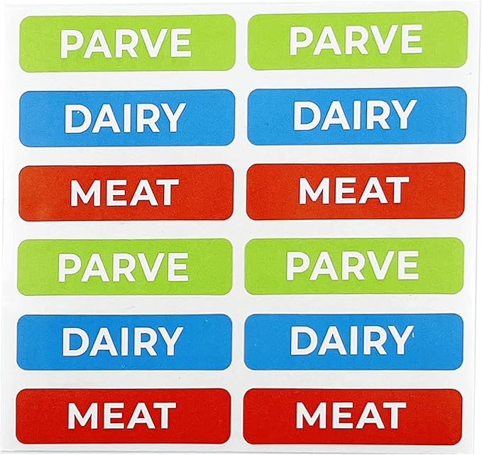 Kosher Sticker Labels, 48-Pack, 16 Blue Dairy, 16 Red Meat, 16 Green Parve Stickers, Oven Proof up to 500° F, Freezable, Microwavable, Dishwasher Safe, English, Color Coded Tools