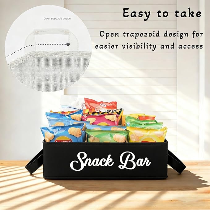 Snack Organizer for Countertop, Snack Basket with Adjustable Compartments via Velcro, 6 Compartment Food Container, Basket for Snacks with PU Handles, Black