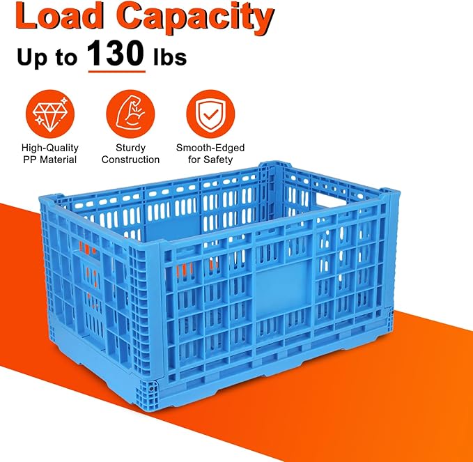 Shineyaplus Collapsible Milk Crate, 1 pck 72L(19GAL) Stackable Storage Bins, Heavy Duty Storage Crates, Plastic Crates for Grocery, Warehouse Organization - Extra Large, Holds 130 lbs Per Bin