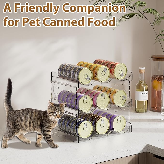 Cat Food Can Organizer, 3-Tier Cat Food Organizer, Transparent Can Organizer for Pantry, Canned Food Organizer Holds 45 (3oz) Cans, Pantry can Organizer