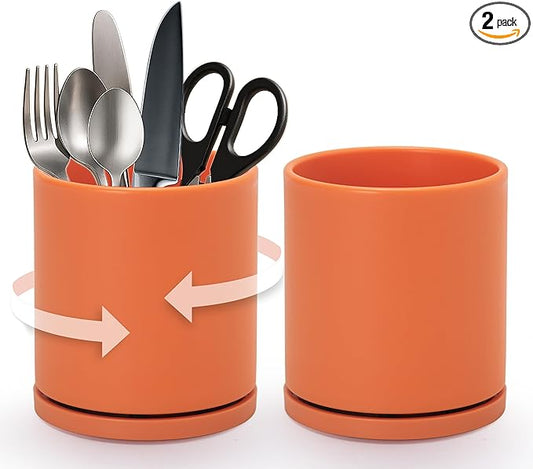 D'vine Dev 360° Rotating Utensil Holder – 5" Kitchen Utensil Crock for Countertop, Modern Cooking Tool Organizer for Kitchen Storage & Décor, Set of 2, Pumpkin, 72-Y-E-1