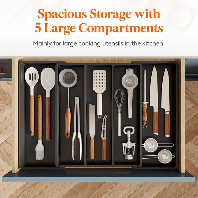 Lifewit Utensil Organizer for Kitchen Drawers, Expandable Cooking Utensil Tray, Adjustable Cutlery Silverware Flatware Holder, Plastic Spatula Tools and Gadgets Storage Divider, Black, 16"-28" x 18.5"