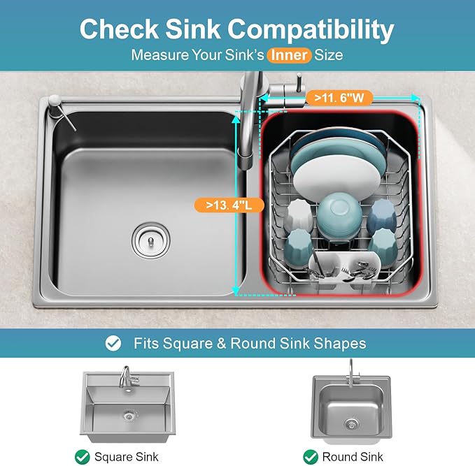 GSlife Small in Sink Dish Drying Rack - Stainless Steel Compact Dish Drainer for RV Kitchen Apartment Sink, Rust Resistant Inside Sink Rack, 11.6" W x 13.4" L, Silver