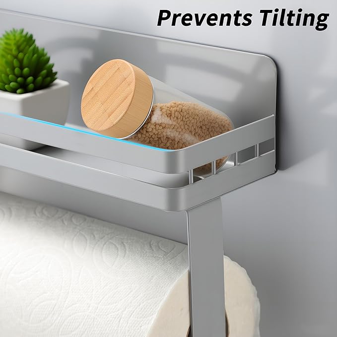 Wall Paper Towel Holder Magnetic with Shelf, Gray Magnet Spice Rack for Refrigerator, Kitchen, Heavy Duty
