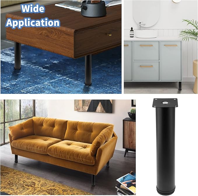 Set of 4 Stainless Steel Furniture Legs 12 Inch, Adjustable Round Cabinet Legs 2" Dia Kitchen Feet, Metal Replacement Legs for Cabinet Sofa Couch Shelves Table (Black)