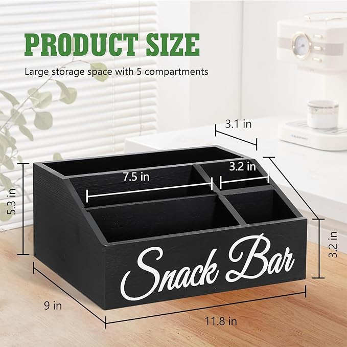 Snack Organizer for Countertop, Wooden Snack Tray and Food Storage Bins, Large 5-Compartment Snack Basket for Pantry, Kitchen Cabinet Pantry Organizer and Storage Bins for Packets
