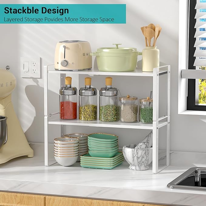 2 Pack Expandable Cabinet Organizer Shelves, 88lbs High Weight Capacity, Stackable Heavy-Duty Metal Storage Rack, Adjustable Cabinet Shelf for Kitchen, Pantry, Cupboard, Under Sink, White