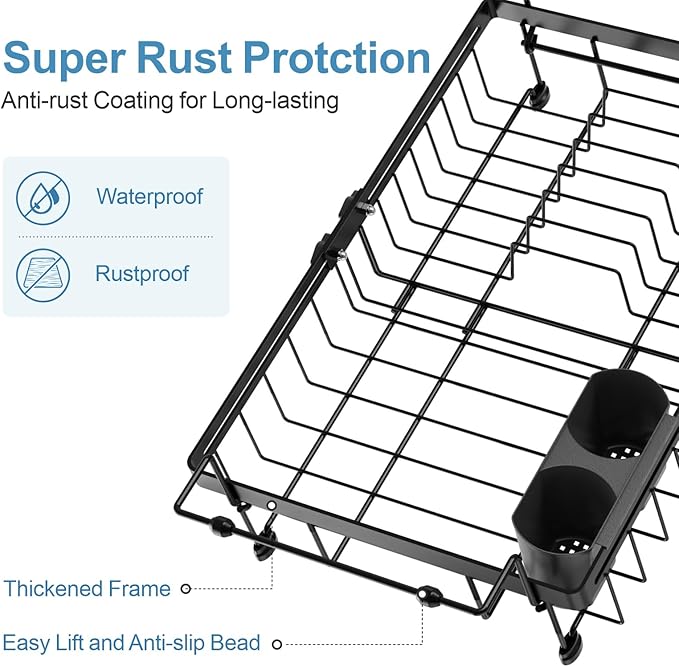 iSPECLE Expandable Dish Drying Rack with Silicone Sink Protector for Kitchen Sink, Rust Resistant Adjustable Dish Drainer, Arms with Non Slip Rubber, 12.8" W x 12.4"-17.1" L, Black
