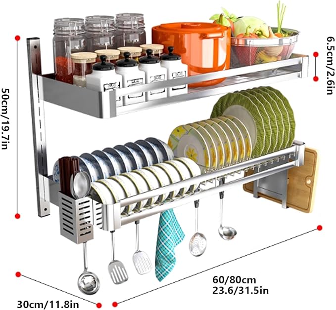 Wall Mounted Kitchen Dish Organizer Rack, 2 Tier Hanging Dish Drying Rack Over Sink, Adjustable Height Bowl Holder, Stainless Steel Storage Shelf for Kitchen Counter (80x30x50 cm / 31.5x11.8x19.7 in)