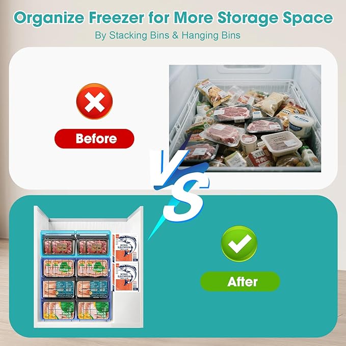 Freezer Organizer Bins, 2 Pack Expandable Stackable Hangable Chest Freezer Containers with Handles, Adjustable From 10.3" to 14.2" Storage Baskets for Fridge, Deep Freezer, Cabinet, Pantry, Kitchen