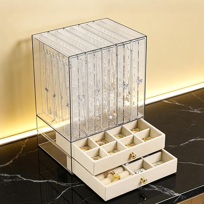 Greenfeather Jewelry Organizer with 7 Removable Drawers, Clear Acrylic Jewelry Box with 40 Necklace Hooks, 120 Pairs of Earring Holes, 2 Velvet-Lined Drawers for Rings, Necklaces, Earrings,Off-White
