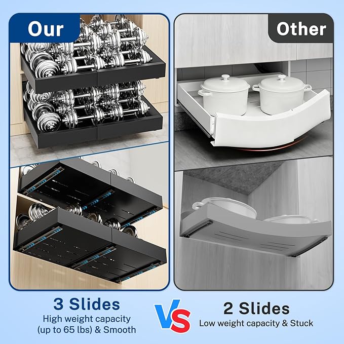 Insputer Pull Out Cabinet Organizer Expandable Width(12.2"-20.47") & 21" Deep, Slide Out Drawers for Kitchen, Pantry with Magnetic Panel, Upgrade 3 Slide Rails, No Drill Adhesive Roll Out Shelf Black