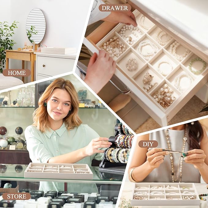 4 Pcs Stackable 12 Grids Jewelry Organizer Tray Velvet bracelet holder Tray Stackable jewelry Organizer Trays for Drawer bracelet display for Selling Bangle Necklace Earring Ring Showcase