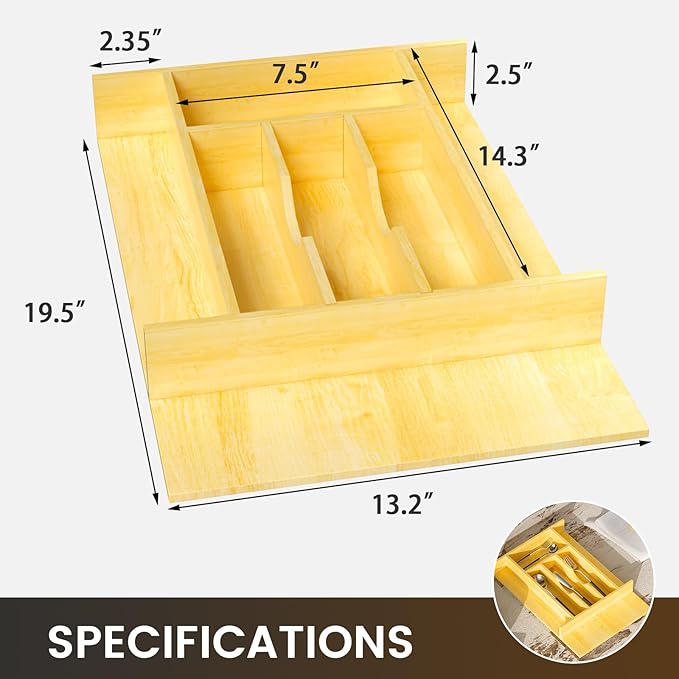 Silverware Drawer Organizer Wood with Adjustable Partition for Kitchen Utensil Cutlery Flatware Cabinet Storage Compartment Tray Insert with Dividers (13.2" W x 19.5" D x 2.5" H)
