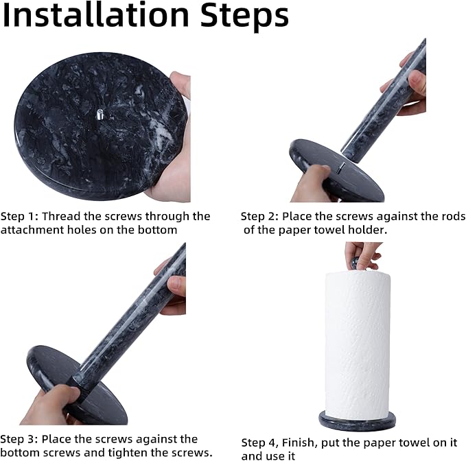 Handmade Marble Paper Towel Holder - 12" Upright Paper Roll Dispenser with Heavy Non-Slip Base for Easy One-Handed Tear - Ideal for Kitchen Countertops, Cabinets, and Bathrooms