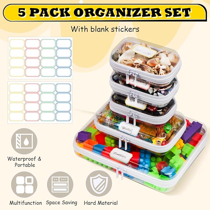 5 Pack Clear Hard Shell Zipper Case,Waterproof Toiletry Cosmetic Bag,Toy Organizers and Storage Box,Diaper Bag Organizer,Pencil Case,Clear Plastic Zipper Pouches for Office Home Storage(L,S,Mini)
