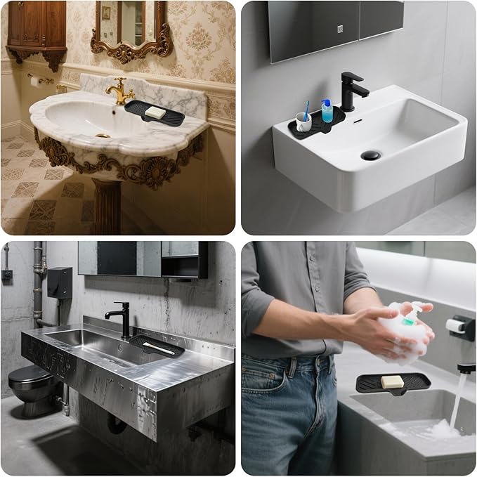 Silicone Soap Dish, 2Pcs Sponge Holder with Drain Spout, Kitchen Sink Organizer, Bath Tray Caddy Soap Tray for Kitchen Counter Bathroom Dish Scrubber(Black)